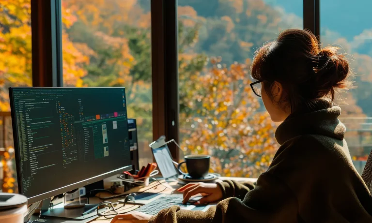 Woman coding at a desk with a large monitor and autumn scenery outside.