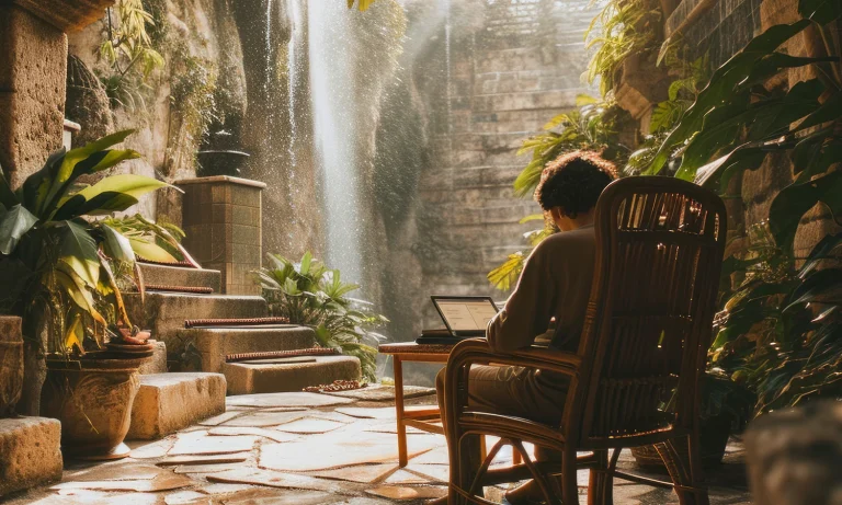 Person working on a laptop outdoors near a waterfall with tropical plants.