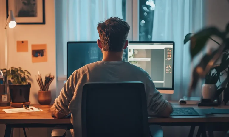 Person working on a desktop computer in a cozy home office.