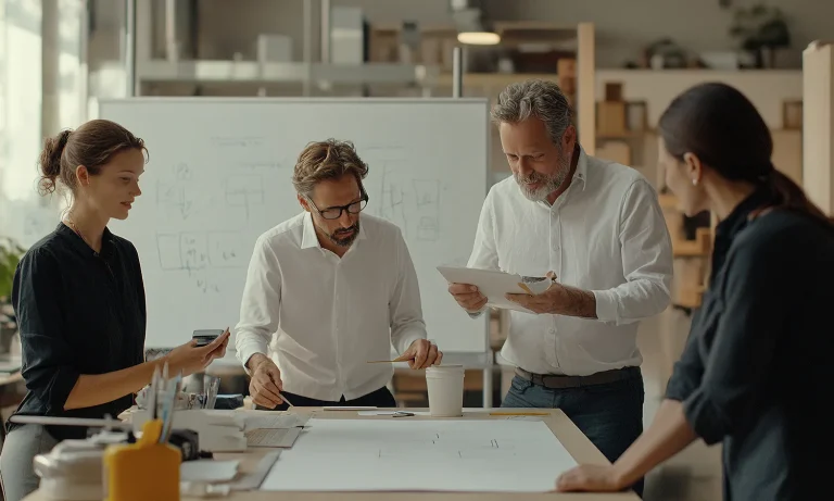 Modern bowling alley interior with team planning session.