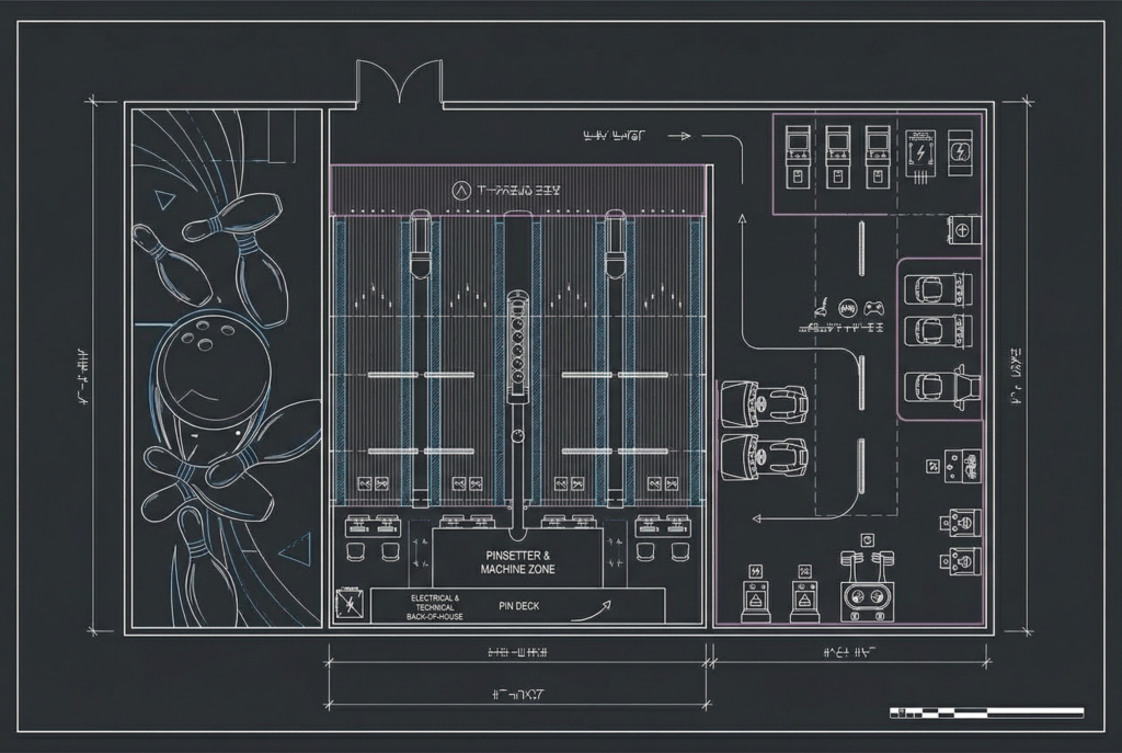 Blueprint of a modern bowling alley with lanes, seating, and equipment details.