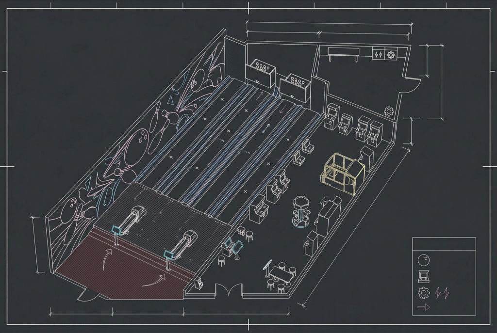 Bowling alley blueprint with lanes, seating, and equipment layout.