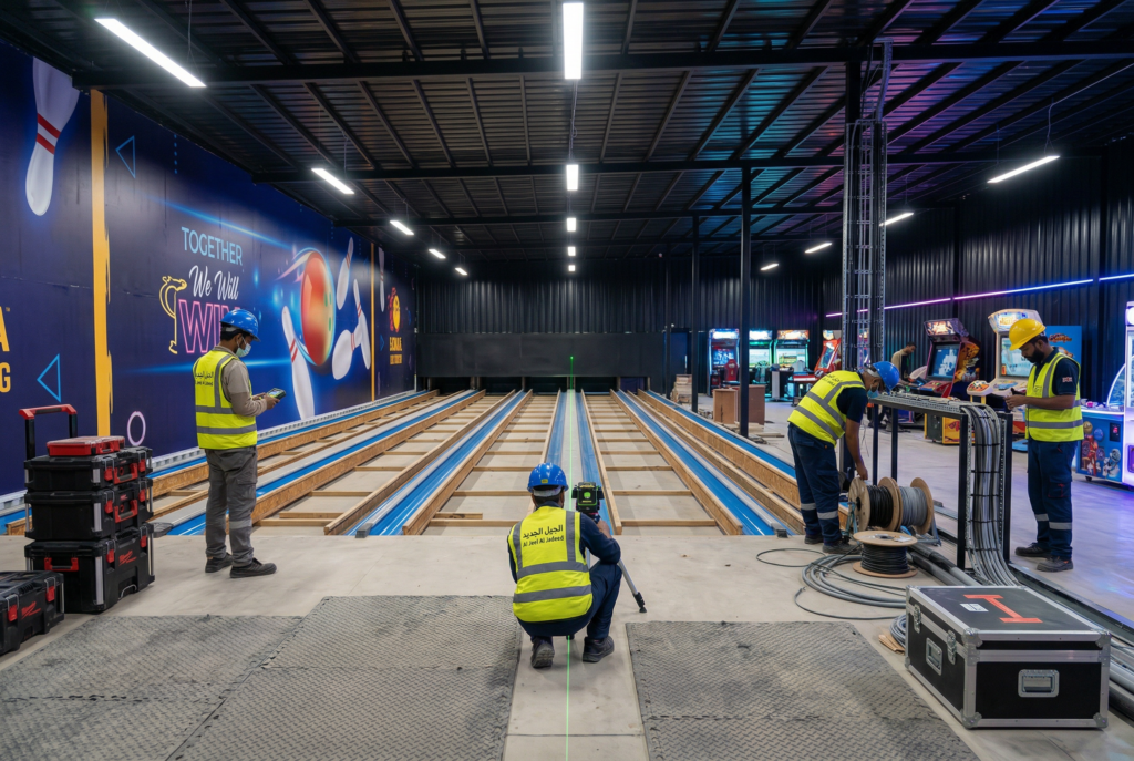 Indoor bowling alley construction with workers setting up lanes and lighting.