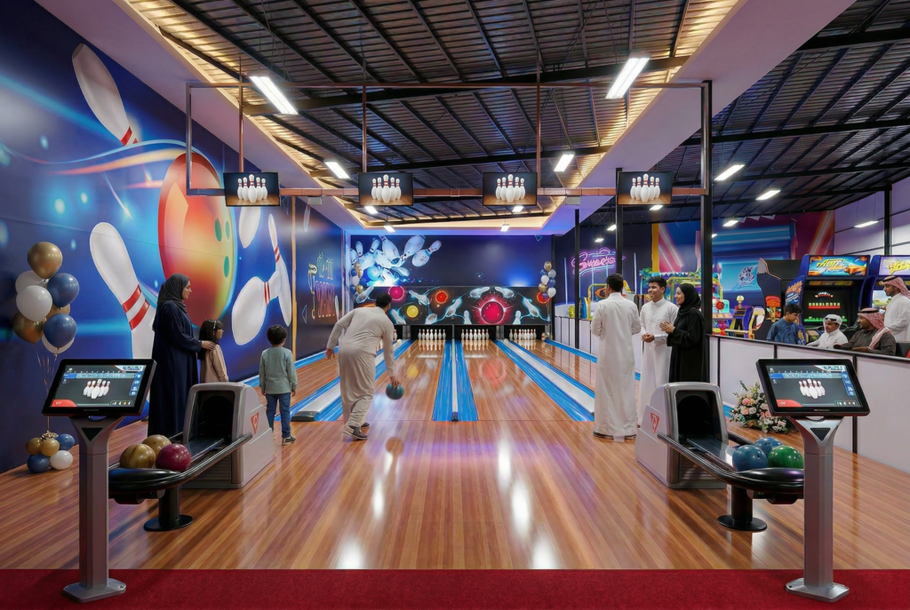 Indoor bowling alley featuring digital scoring monitors, colorful wall art, and a lively atmosphere.