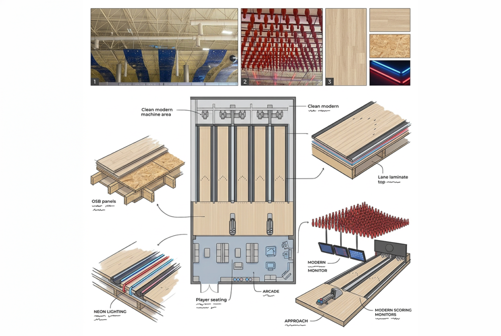Detailed diagram of a modern bowling alley with seating, lanes, and equipment.
