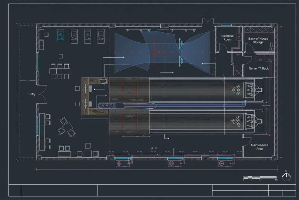 Modern bowling alley design with lanes and equipment.