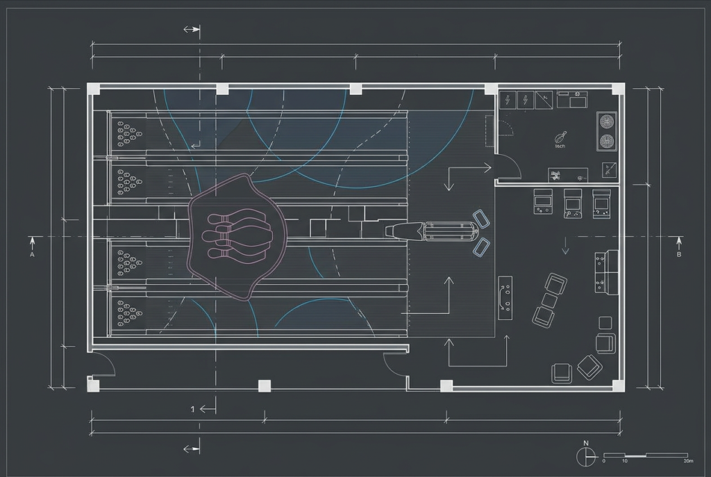 Detailed blueprint of Neo Bowling alley layout and design.