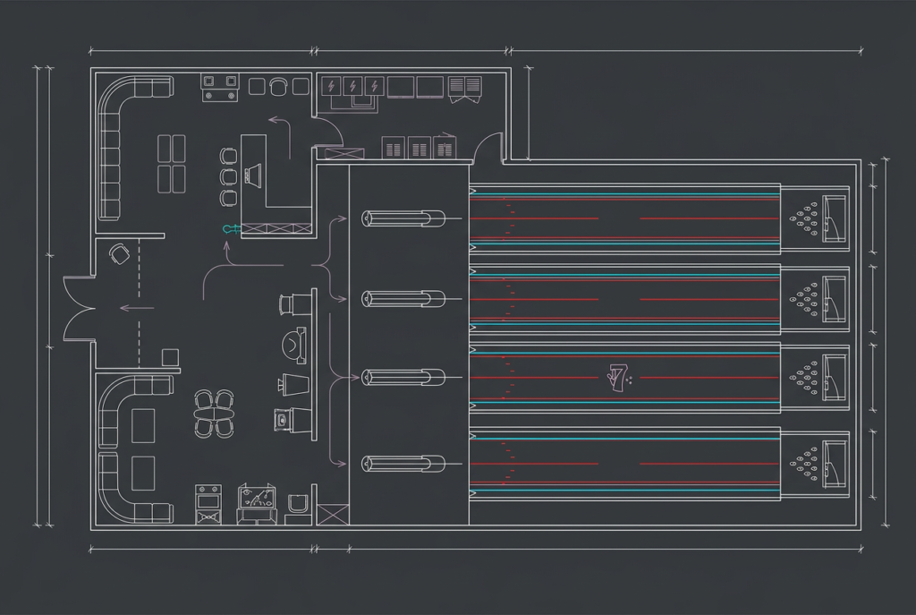 7Bowling lane layout with advanced scoring and lighting features.