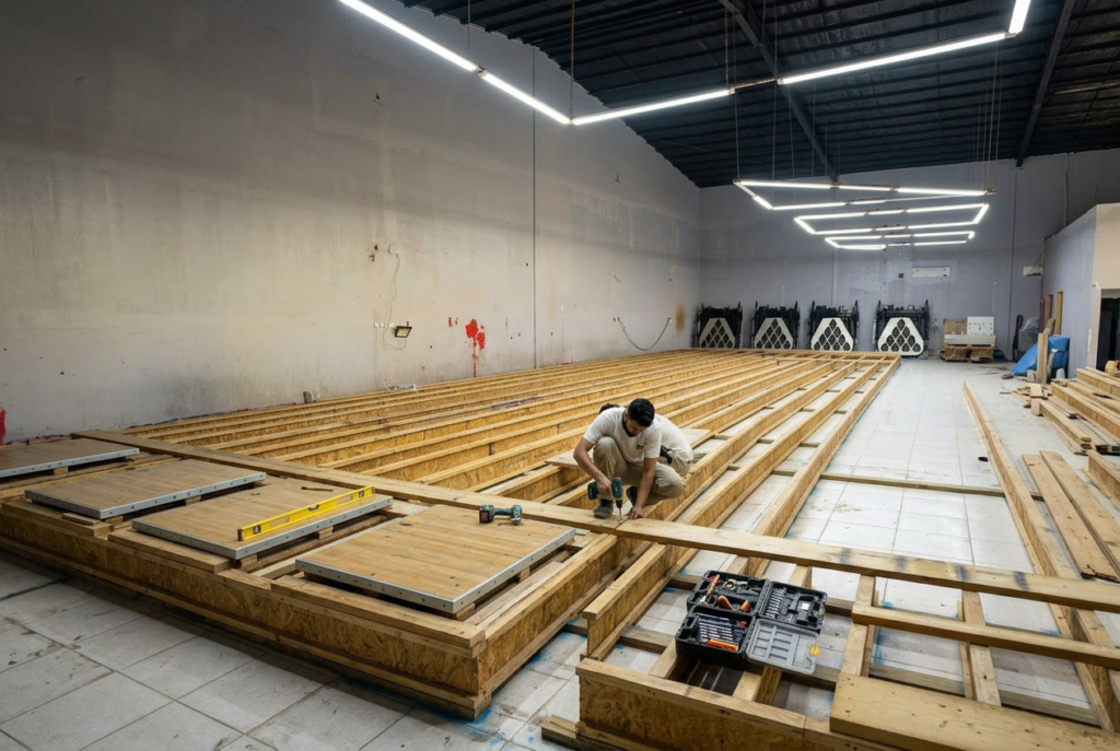 Workers building a bowling lane with wooden planks in an indoor facility.