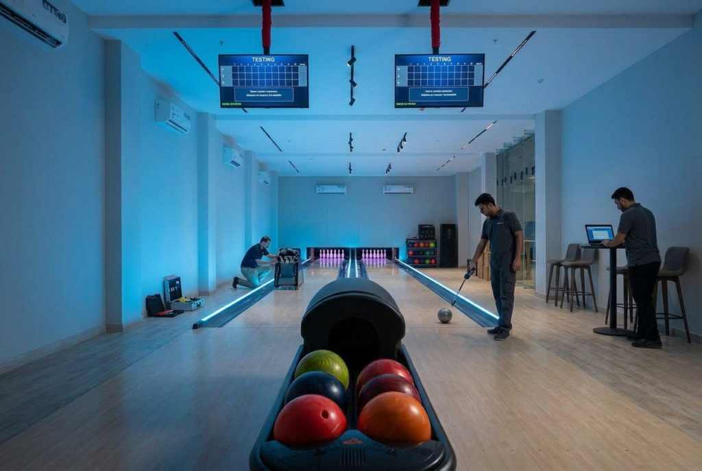 Indoor bowling alley with digital screens, bowling balls, and players preparing to bowl.