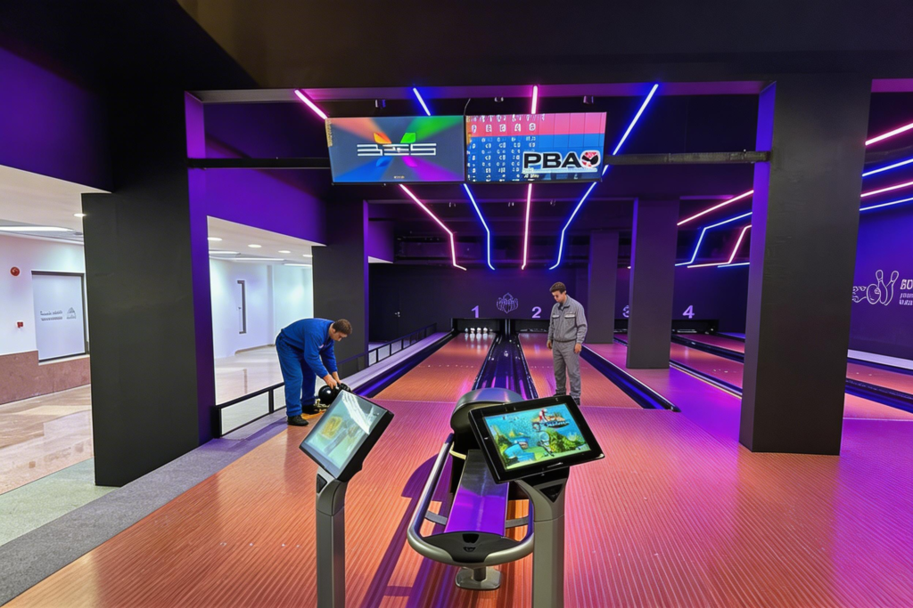Modern bowling alley with colorful LED lighting and digital score screens.